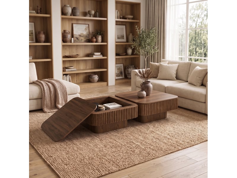 Table basse carrée avec plateau amovible et rangement dissimulé, façade cannelée en mdf plaqué bois, finition noyer - Conforama D