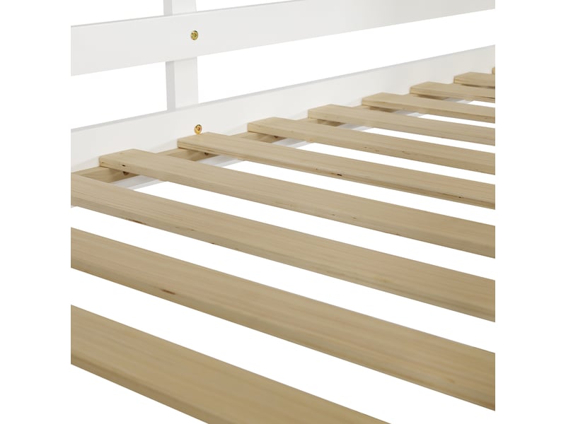  Lit mezzanine 90x200 cm en bois, lit simple avec bureau, tiroirs et escalier, sans matelas, blanc et naturel  - Conforama E