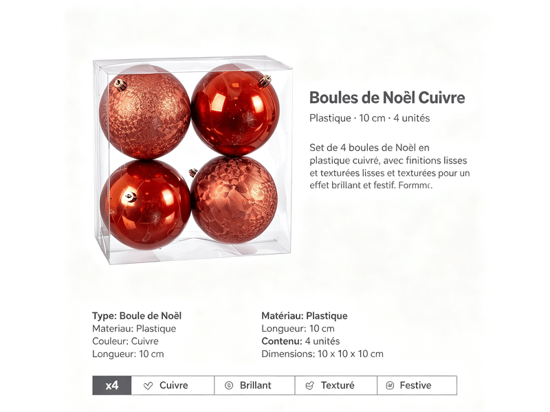  Boules de noël cuivre plastique 10 cm 4 unités S8803932 - Conforama E
