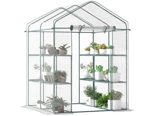 Serre jardin 3 niveaux étagères, balcon, bâche renforcée, acier, porte zippée enroulable, légumesplantesfleurs, int.ext., 143x143x195 cm, vert.