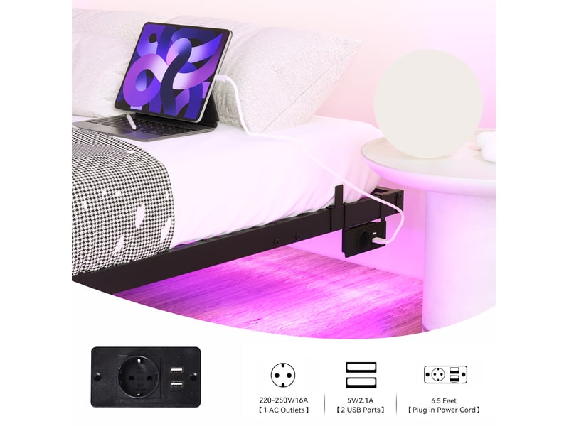  Cadre de lit 140x200 cm effet flottant led station de charge métal noir sans matelas  - Conforama D