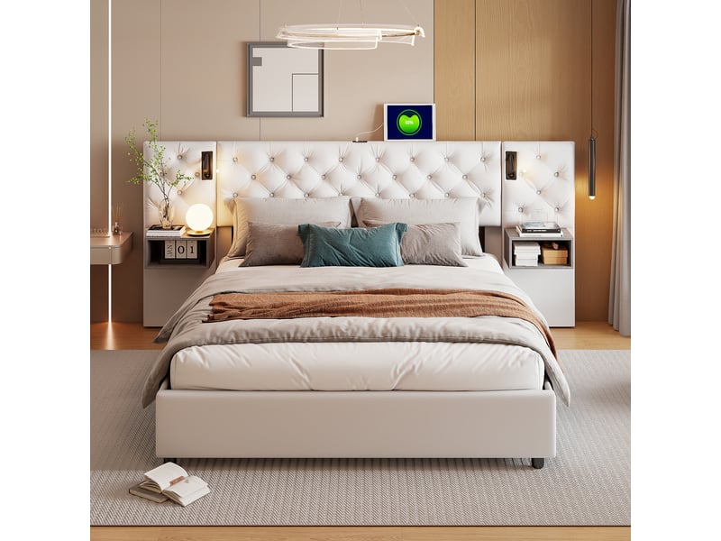  Lit rembourré 160 x 200 cm,lit enfant avec tête de lit de rangement, ports usb et type c,lit hydraulique avec éclairage led,velours, sans matelas  - Conforama E