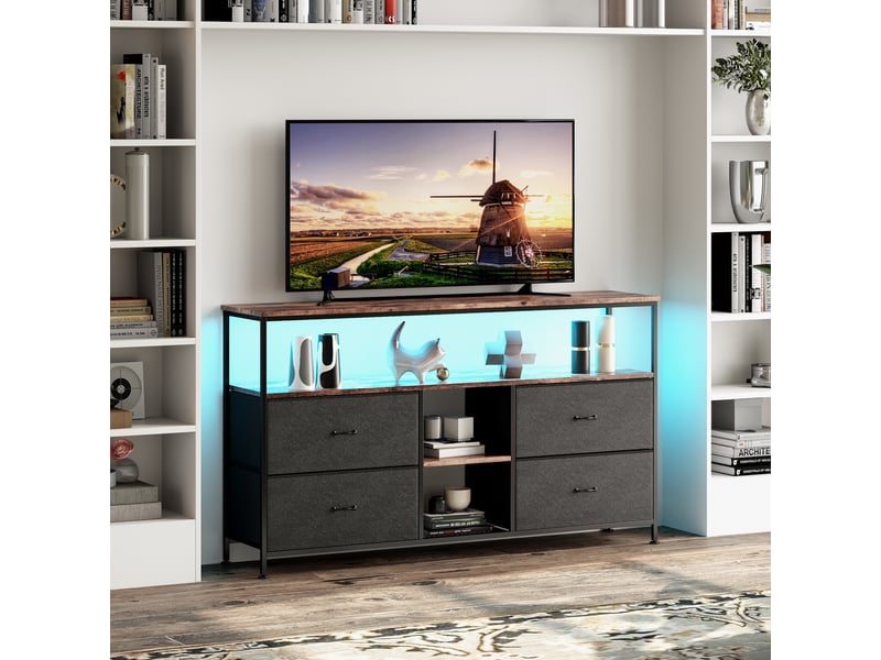  Meuble tv led 137x30x78cm - multifonctionnel - 4 tiroirs en tissu noir et étagères ouvertes - combinaison rétro et modernes  - Conforama B