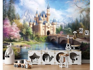 Papier peint panoramique intissé fille château de conte de fées bleu - 300x210 cm - papier peint enfant