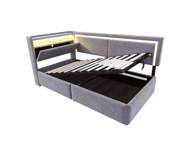  Canapé-lit 90x200 velours gris clair – rangement hydraulique, tête de lit ouvrable, led et usb intégrés  - Conforama D