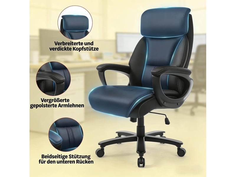  Chaise de bureau noire en cuir régénéré, appuie-tête réglable et soutien lombaire, capacité 150 kg  - Conforama D