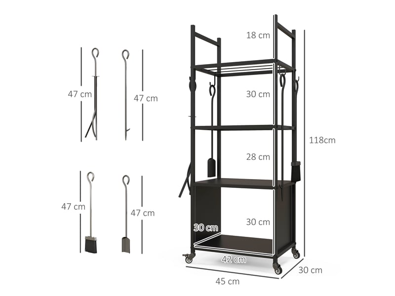  Chariot porte-bûches sur roulettes, 4 niveaux, 4 outils, métal noir, charge 60 kg  - Conforama E