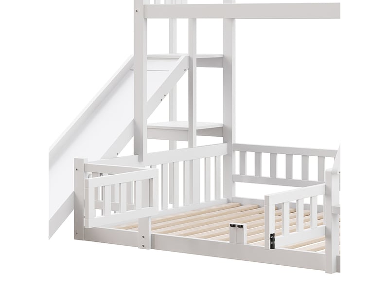  Lit superposé 140x200+90x200cm avec toboggan, étagères de rangement, escalier et sommiers, pin+mdf, blanc, sans matelas  - Conforama R