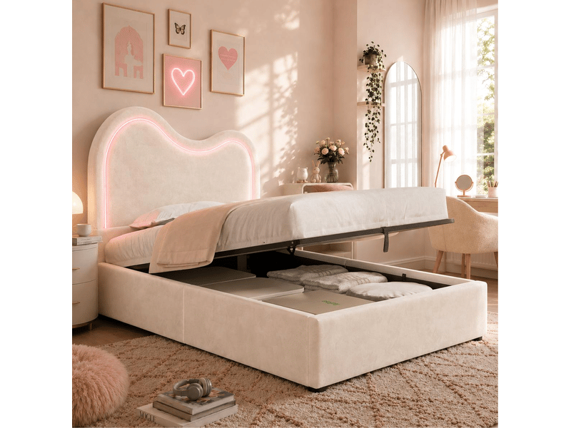  Lit coffre 90x200 cm, rangement hydraulique, tête de lit lumineuse, en velours, beige, sans matelas  - Conforama B