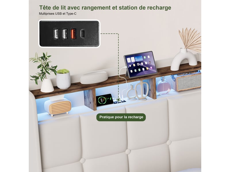  Lit enfant coffre 90x200 cm avec rangements, lit simple, tête de lit à ailes avec niche intégrée, tissu lin beige, sans matelas  - Conforama E