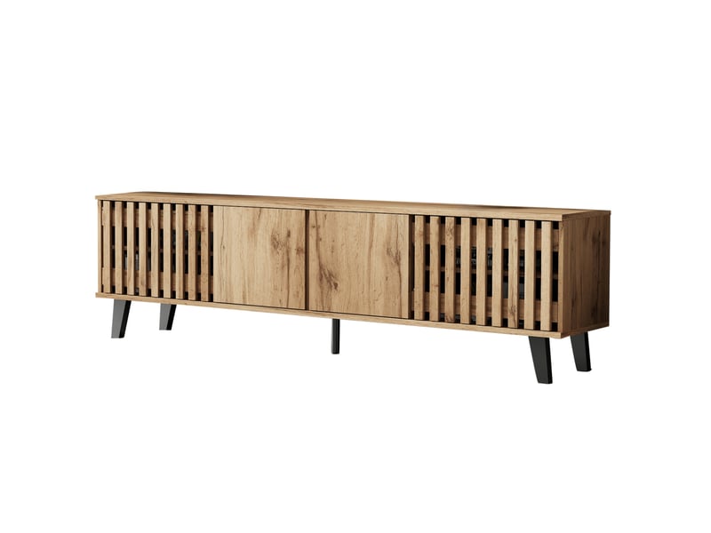  Meuble tv 180 x 40 x 55 cm, panneaux de particules bois et noir, 4 portes, écran jusqu'à 70 pouces  - Conforama D
