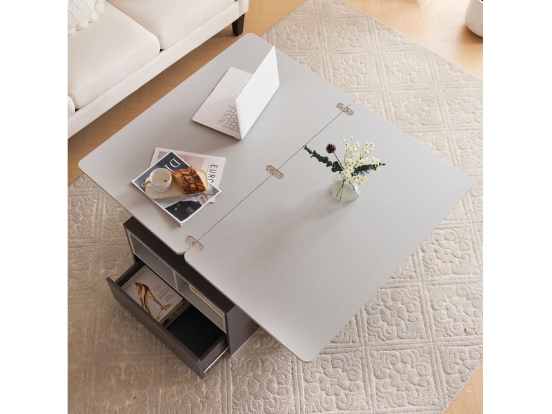  Table basse relevable avec 2 tiroirs et niches ouvertes pour salon, en panneau de particules, gris, 100 × 51 × 47 cm  - Conforama C