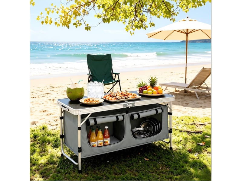  Table de camping pliante 120x47 cm noir et gris, aluminium et mdf, hauteur réglable avec sac suspendu  - Conforama B