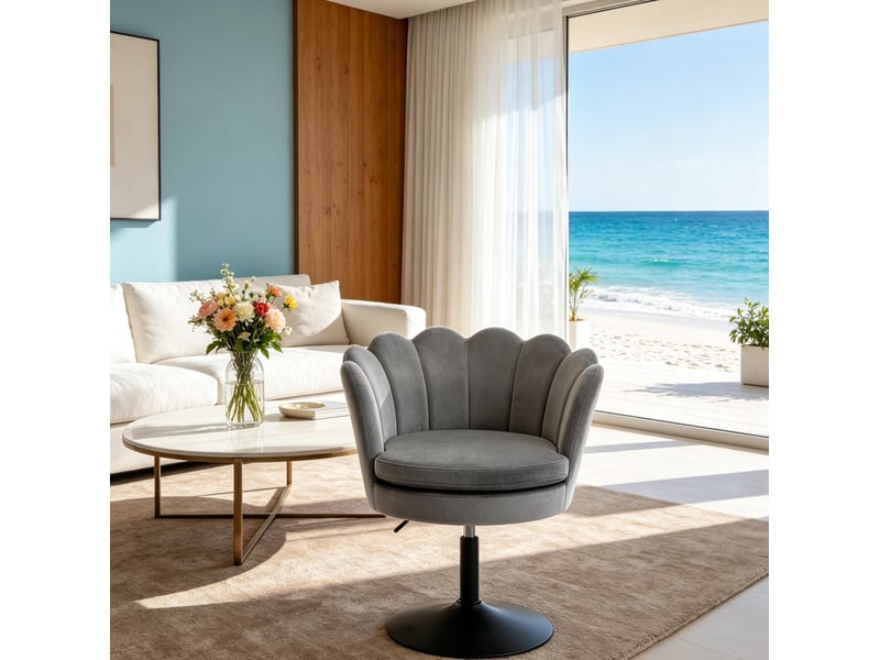 Fauteuil pivotant en forme de fleur, hauteur réglable et accoudoirs intégrés, en velours et métal gris foncé - Conforama B