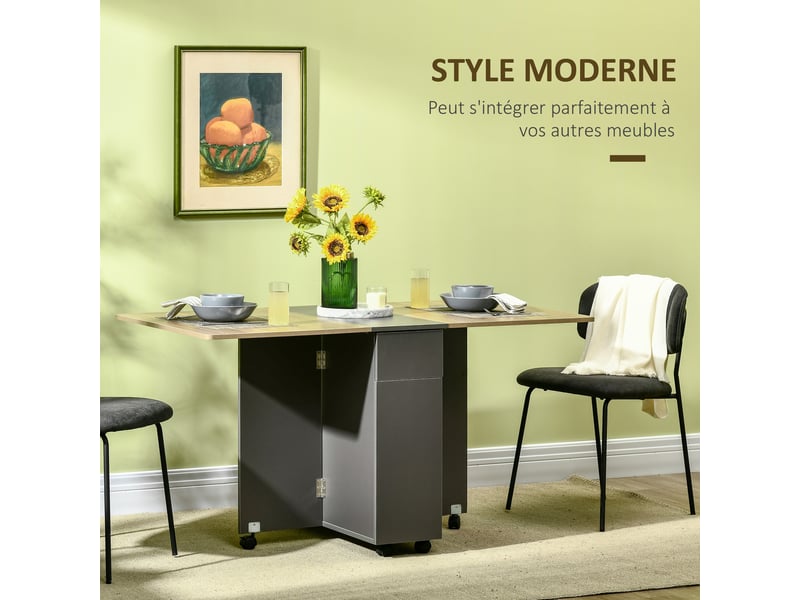  Table de salle à manger pliante sur roulettes avec rangement 1 placard et 2 tiroirs 76 x 140 x 74 cm  - Conforama D