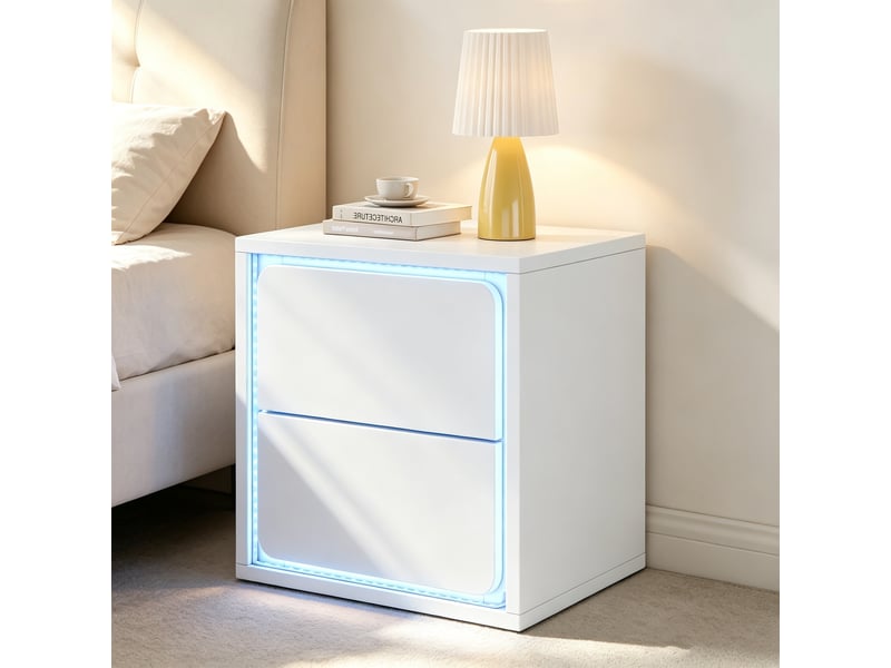 Table de chevet avec éclairage led, 2 tiroirs, 45 x 35 x 47 cm, panneau de particules blanc - Conforama R