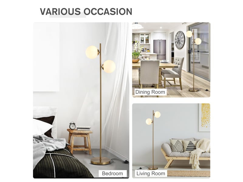  Lampadaire 39x28x165 cm doré et blanc, acier et verre, 2 abat-jour orientés pour salon et chambre  - Conforama E