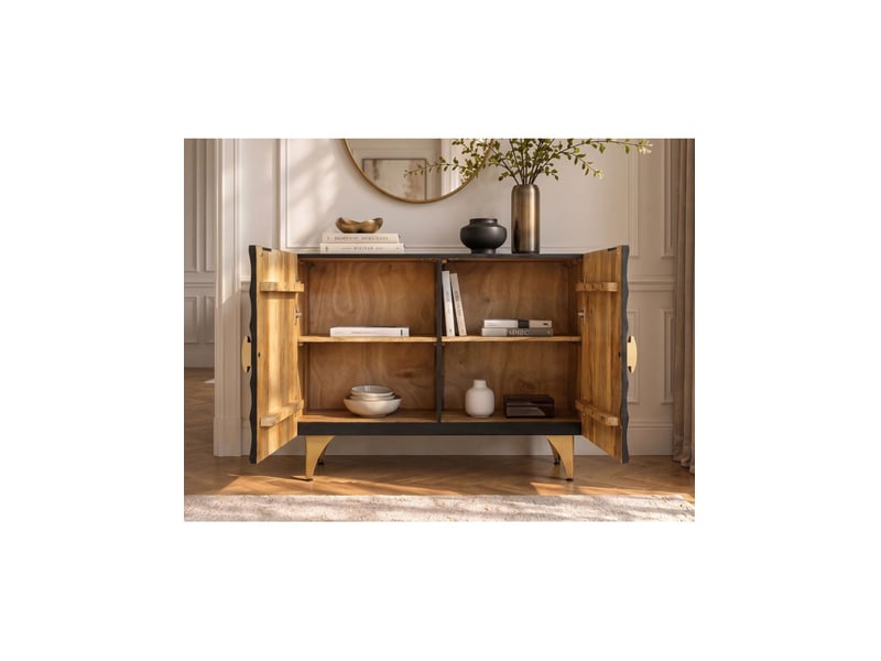  Buffet solaris 100 cm en bois massif de manguier noir – 2 portes – pieds et détails dorés  - Conforama D