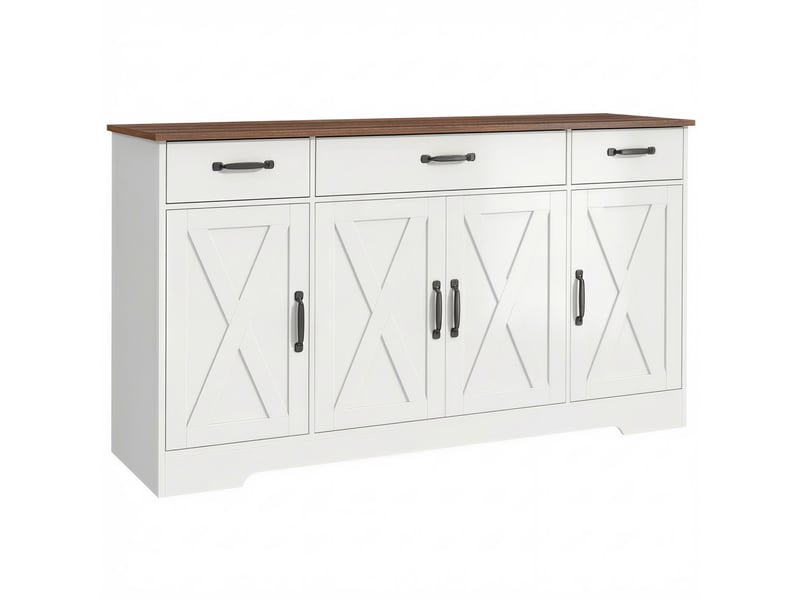  Buffet, meuble de rangement cuisine style ferme avec 4 portes de grange, étagères ajustables, 3 tiroirs, blanc  - Conforama B