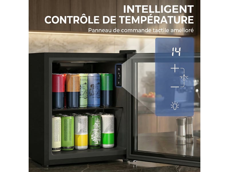  Réfrigérateur à boissons 46l 59 canettes, noir, mini frigo silencieux pose libre avec porte en verre trempé double  - Conforama E