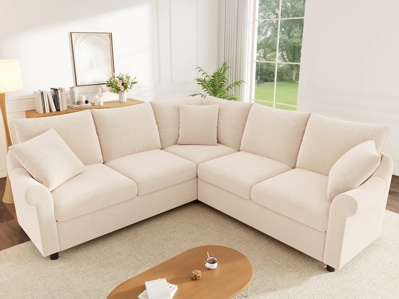  Canapé d'angle modulaire,5 places,  en tissu chenille,pour salon,217x217x83cm,beige  - Conforama B