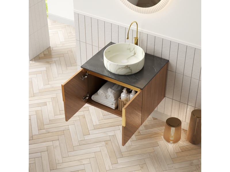  Meuble sous vasque avec 2 portes et vasque ronde en céramique, plan en pierre frittée, salle de bain, bois brun  - Conforama B