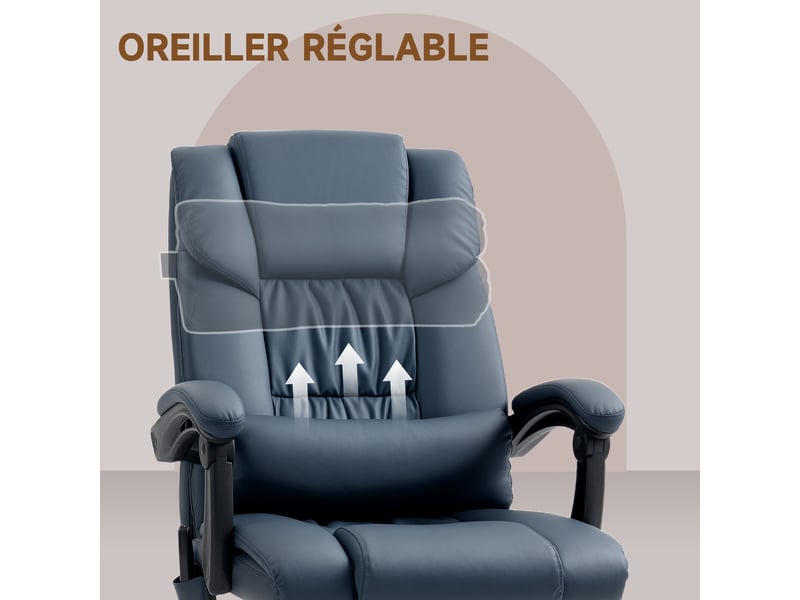 Fauteuil de bureau massant bleu, dossier inclinable jusqu'à 130° avec repose-pieds extensible - Conforama W