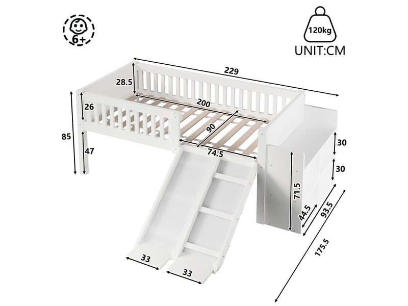  Lit mezzanine enfant 90x200 cm avec toboggan et rangements intégrés, structure en bois, pour chambre d’enfant, avec espaces de rangement - blanc  - Conforama C
