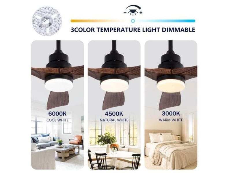  Ventilateur plafond 107 cm avec éclairage - télécommande 6 vitesses, moteur cc réversible - noir et noyer foncé  - Conforama D