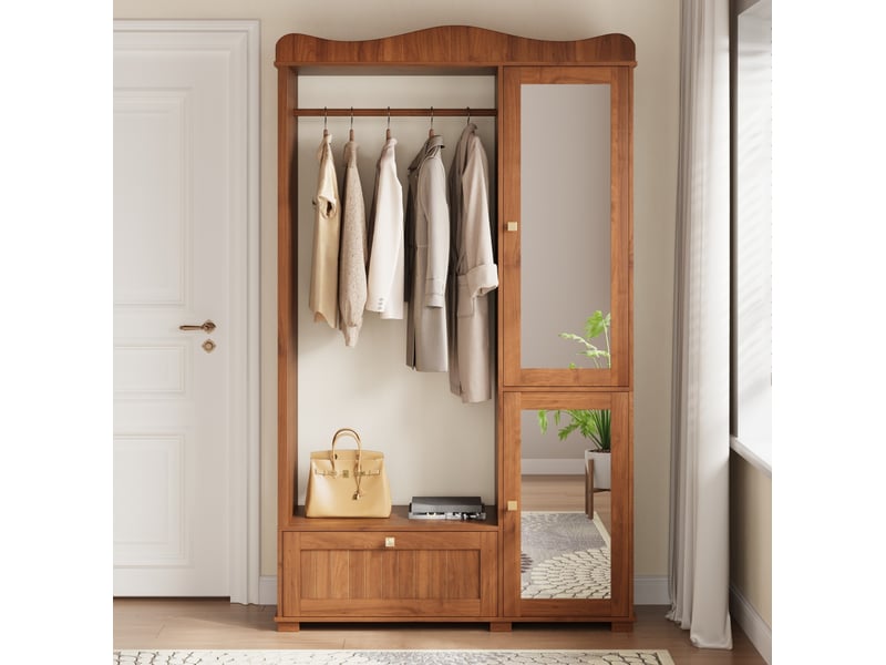  Armoire vestiaire 115,5x38,5x194,5 cm mdf noyer avec miroir, 2 portes et tiroir  - Conforama B