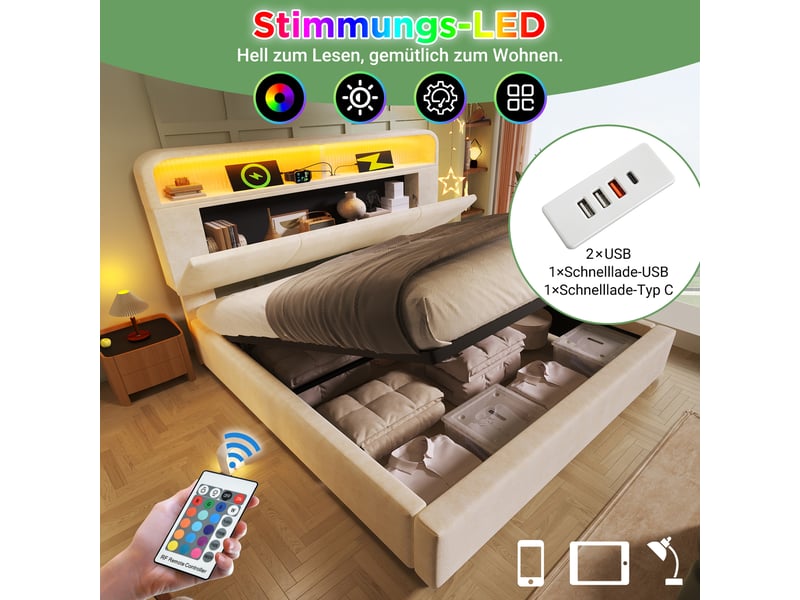  Lit coffre, lit double 140x200 cm, rangement hydraulique, tête de lit avec rangement, led, usbusb-c, matelas inclus, velours beige  - Conforama E