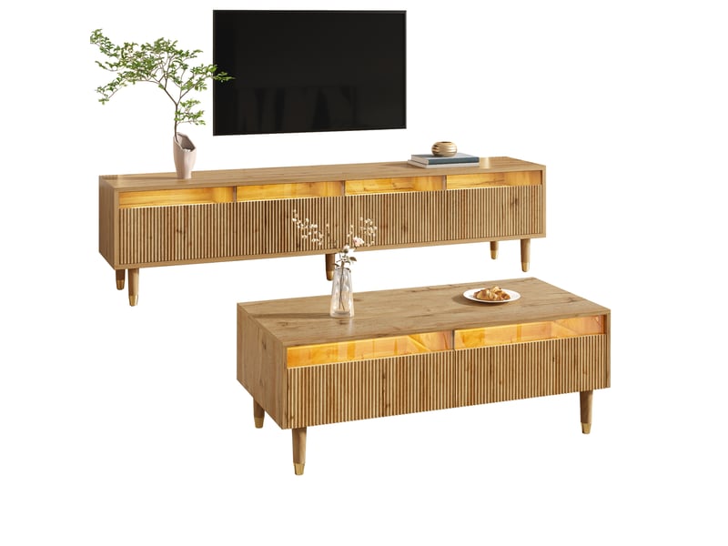  Ensemble meuble tv et table basse led – mdf effet bois et doré – 4 portes, 2 tiroirs – 178 x 35 x 45 cm  - Conforama A