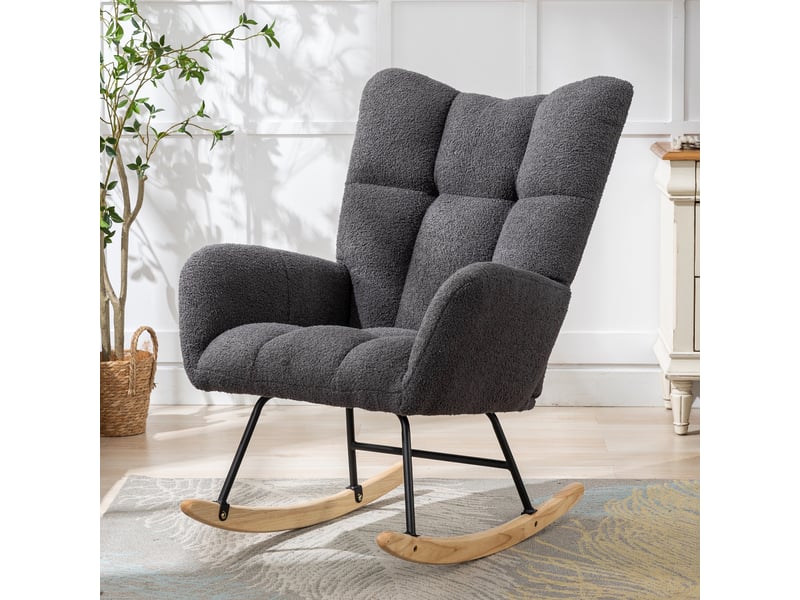  Fauteuil à bascule - 65x77x90cm - fauteuil rocking chair tissu bouclette teddy avec poche et pieds bois massif - gris  - Conforama C