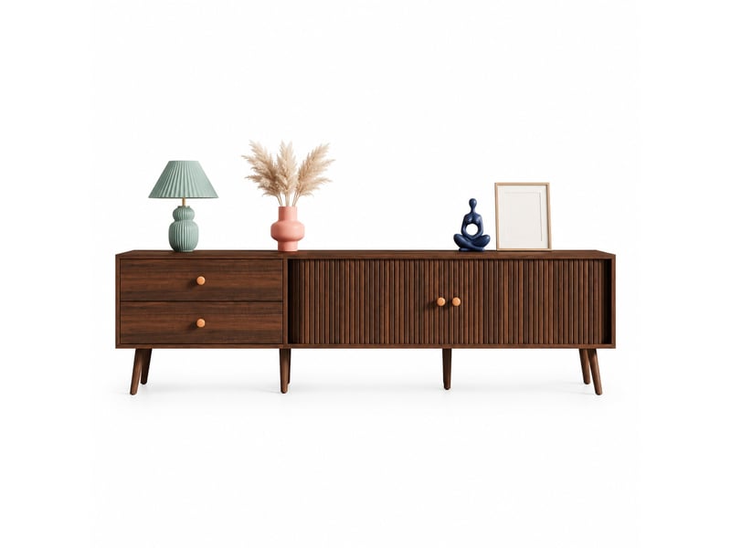  Meuble tv bas 180 x 40 x 46,5 cm couleur noyer avec 2 tiroirs et 2 portes à rideau  - Conforama A