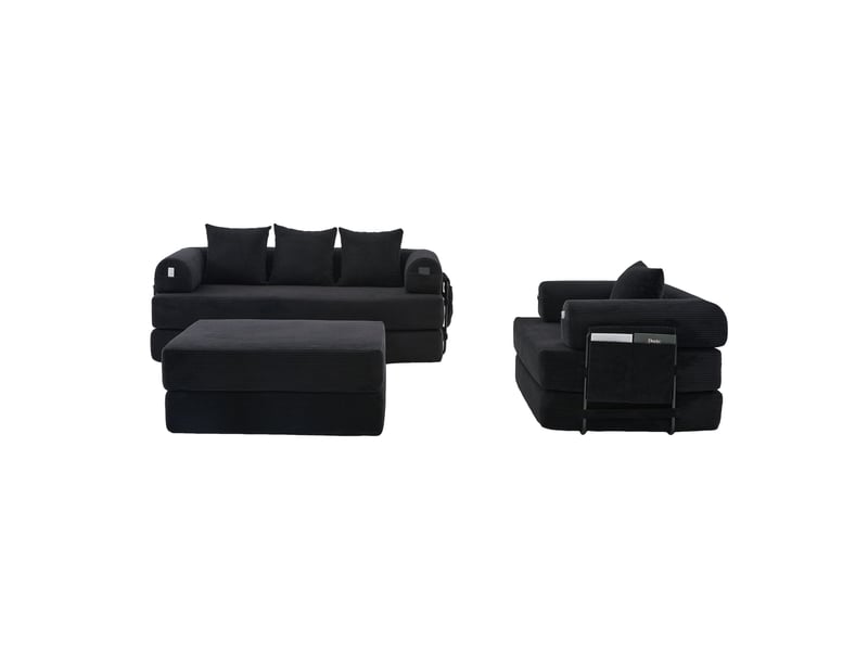  Canapé modulaire 4 places en velours côtelé noir avec pouf et fauteuil  - Conforama A