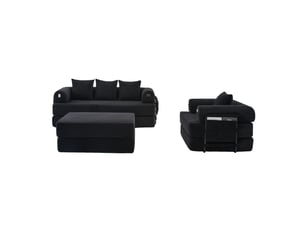 Canapé modulaire 4 places en velours côtelé noir avec pouf et fauteuil