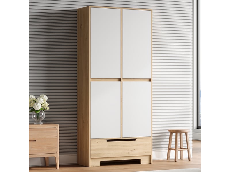  Armoire de cuisine garde-manger 80x35x180 cm - 1 tiroir - étagères réglables - rangements de portes - mdf - blanc et bois naturel  - Conforama D