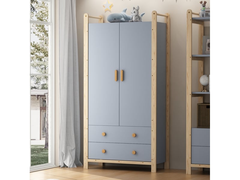  Armoire 2 portes modenvie avec penderie et 2 tiroirs 89,6 x 44 x 180,5 cm bleu et bois de pin  - Conforama D