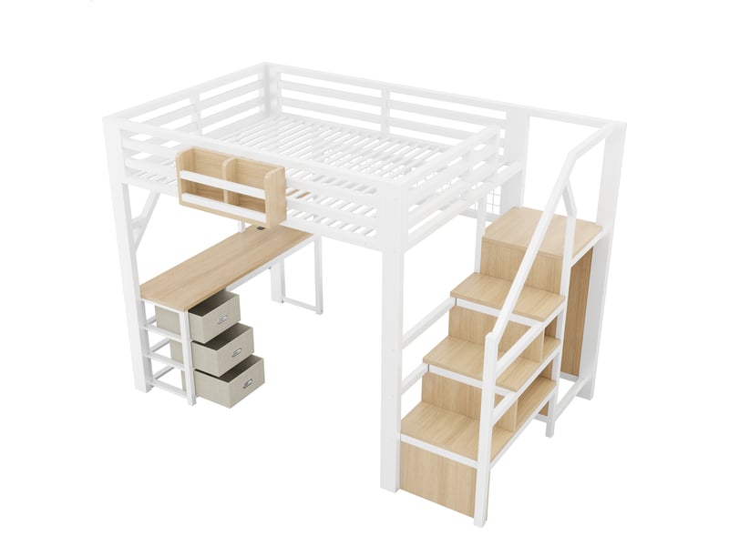  Lit mezzanine métallique 140x200 cm blanc avec bureau, 3 tiroirs, rangements, placard et led.  - Conforama D
