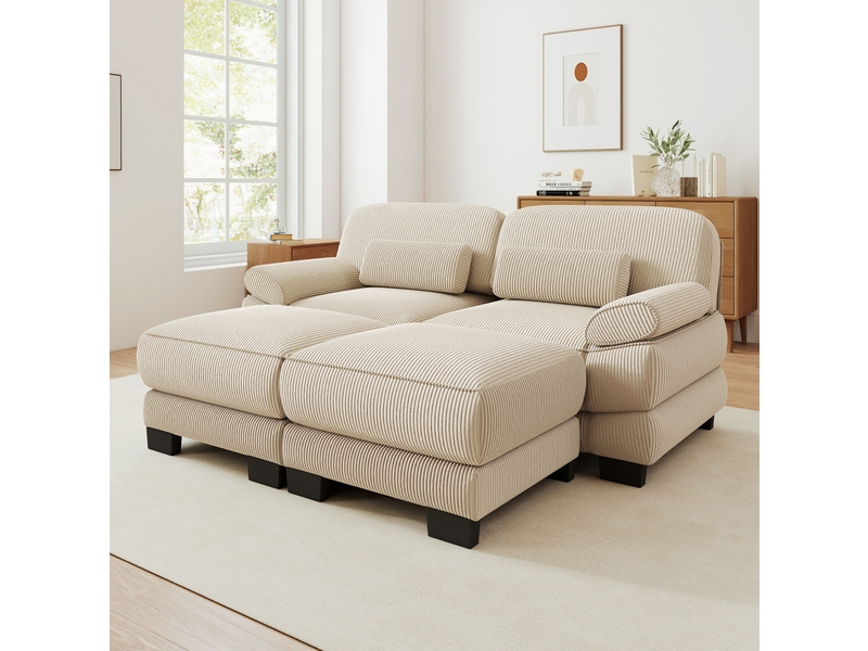  Canapé modulable modenvie 2 places avec 2 poufs en velours côtelé beige  - Conforama B