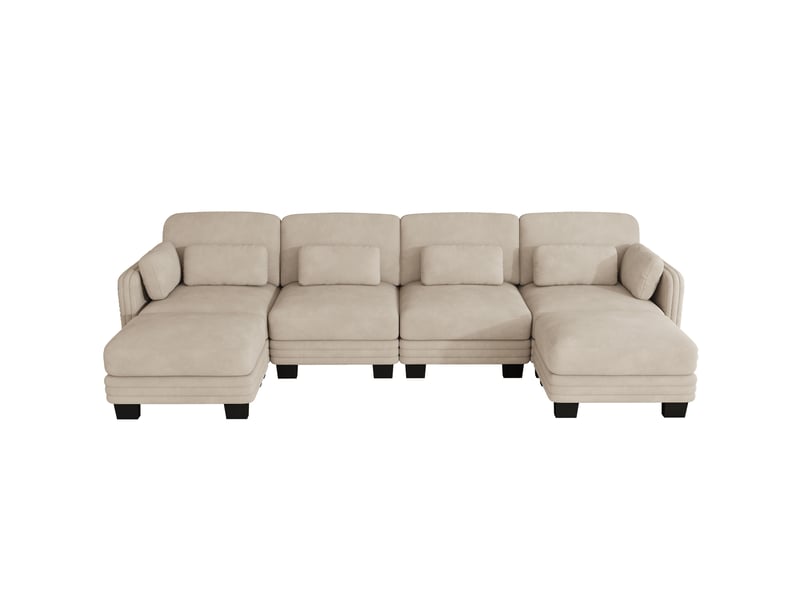  Canapé d'angle modulable en u 4 places 330x143x88 cm chenille café clair  - Conforama E