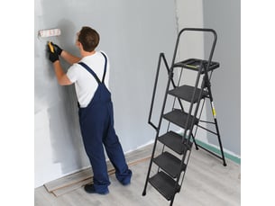 Escabeau 5 marches pliant avec plateau porte-outils amovible, acier, noir