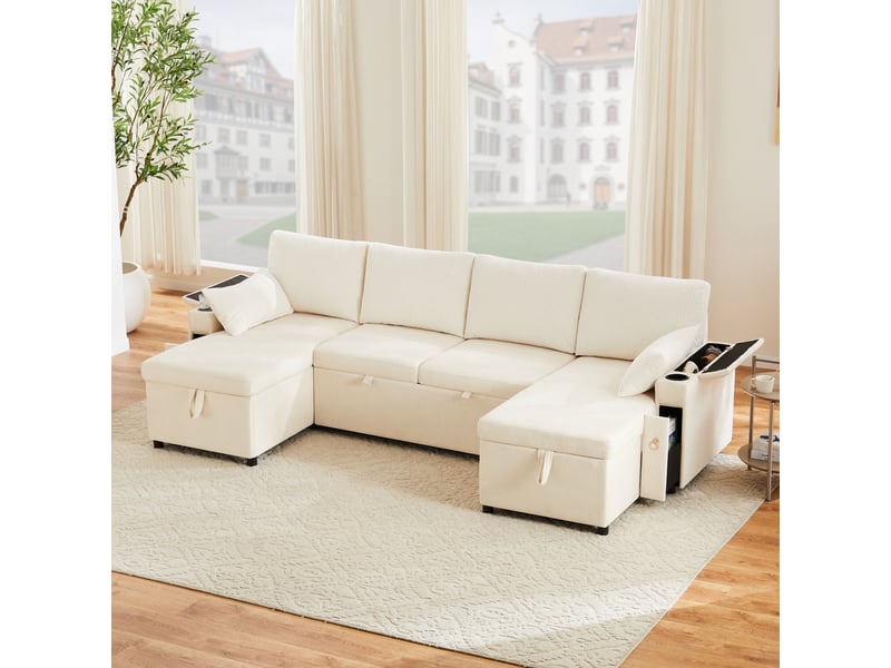 Canapé d'angle, canapé convertible, 4 places, beige, porte-gobelets, pour salon, mobilier pour espace de vie, appartement - Conforama E