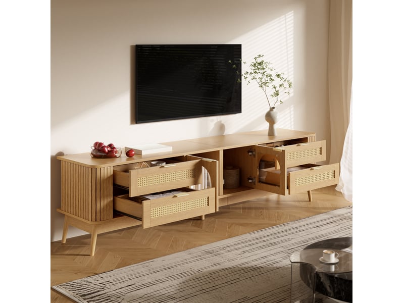  Meuble tv 180 x 40 x 50 cm avec 4 tiroirs, portes en verre de sécurité et led  - Conforama E