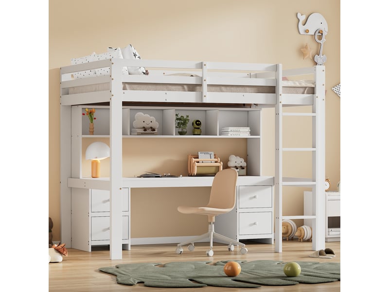  Lit mezzanine enfant 90 × 200 cm 1 place avec bureau, 4 tiroirs et 4 étagères, sans matelas, en pin, blanc  - Conforama B