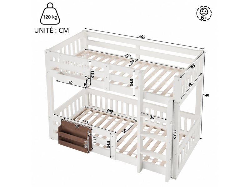  Lit superposé 90 x 200 cm avec rangements latéraux, barrières de sécurité et échelle, pin, mdf et métal blanc  - Conforama C