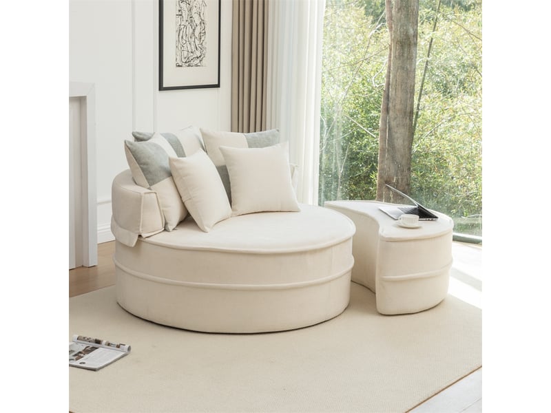  Canapé rond avec 5 coussins et repose-pieds - 163x121x66cm - fauteuil lounge sans structure en chenille douce - beige  - Conforama C