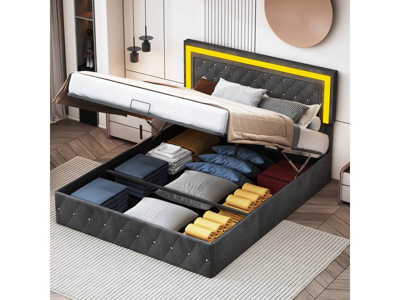 Lit coffre hydraulique 160 x 200 cm-noir - lit double rembourré en velours avec tête de lit lumineuse led et capitonnage strass - Conforama E