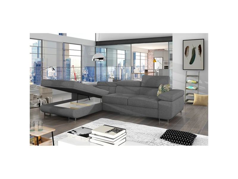 Canapé d'angle convertible amanda gris clair en tissu effet lin avec coffre - Conforama B