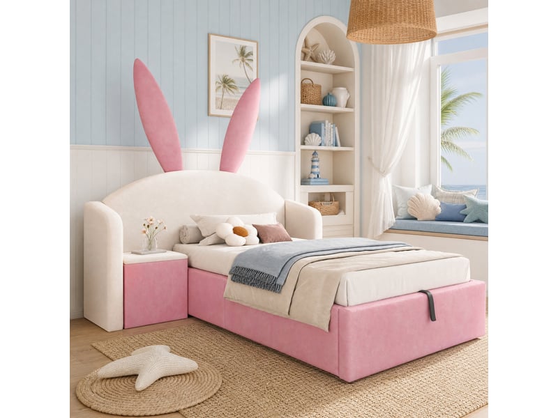  Lit enfant coffre 90 x 200 cm avec chevet réversible, oreilles de lapin, beige rose  - Conforama B